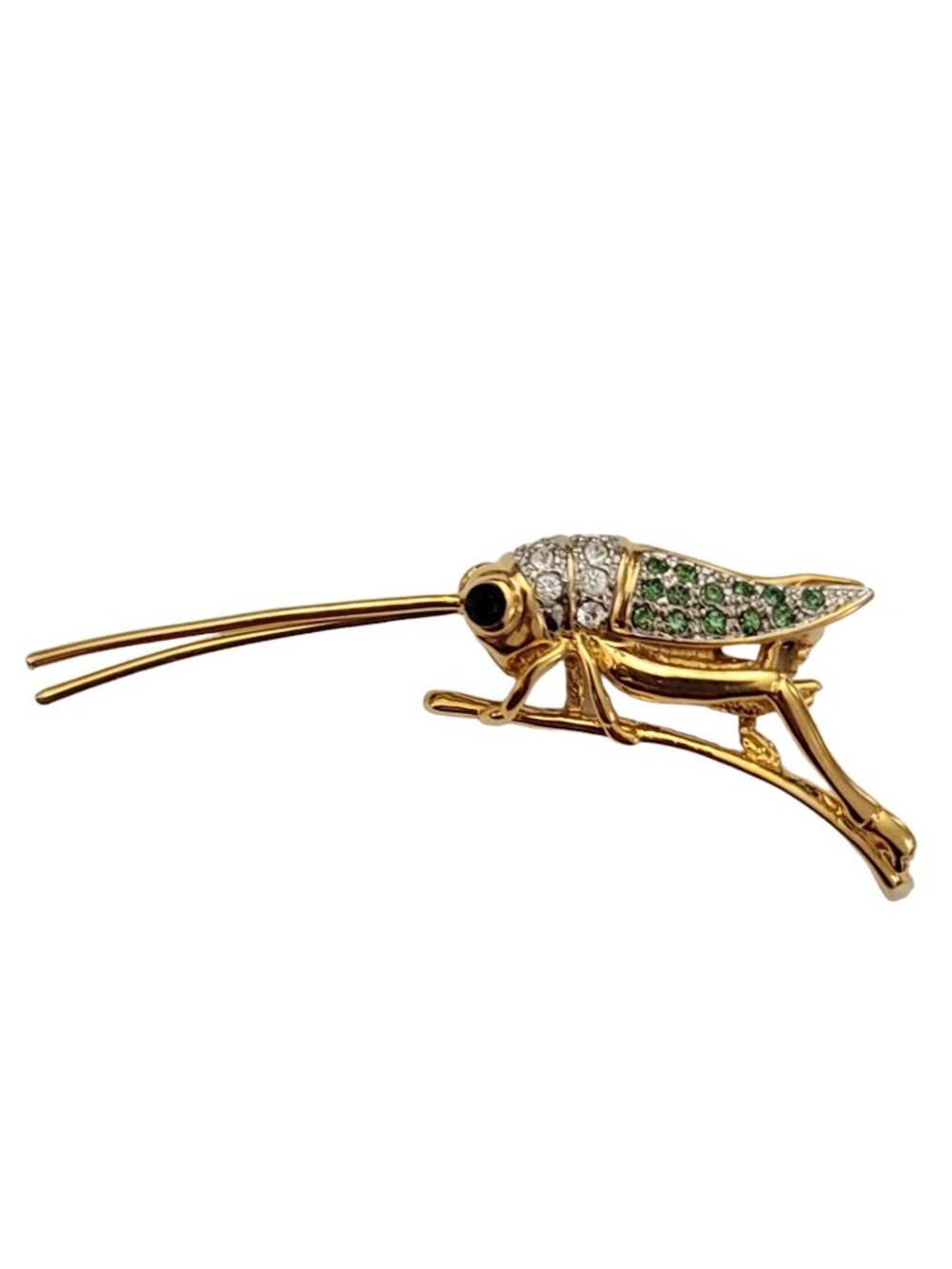 Butler Gold Tone Clear Green Rhinestone Grasshopper, Cricket Pin Brooch, K563